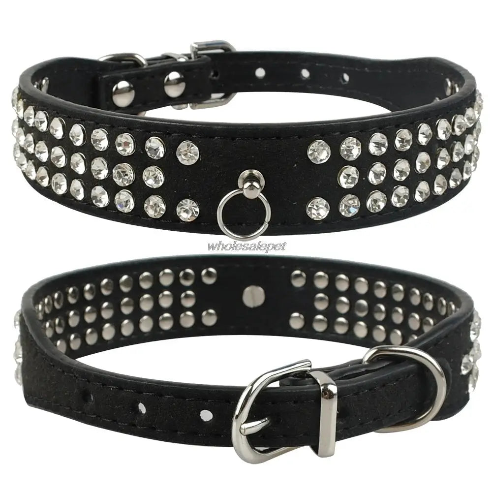 Rhinestone Dog Collar 3 Rows Suede Leather Diamante Cat Puppy Collars 5 Colors For Small Medium Dogs Chihuahua Yorkshire