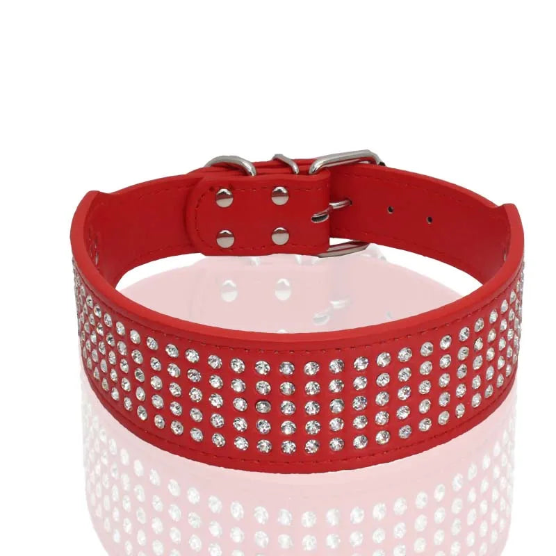 Rhinestone PU Leather Dog Collars 5 Row Diamante Bling for Large Dogs 5cm wide