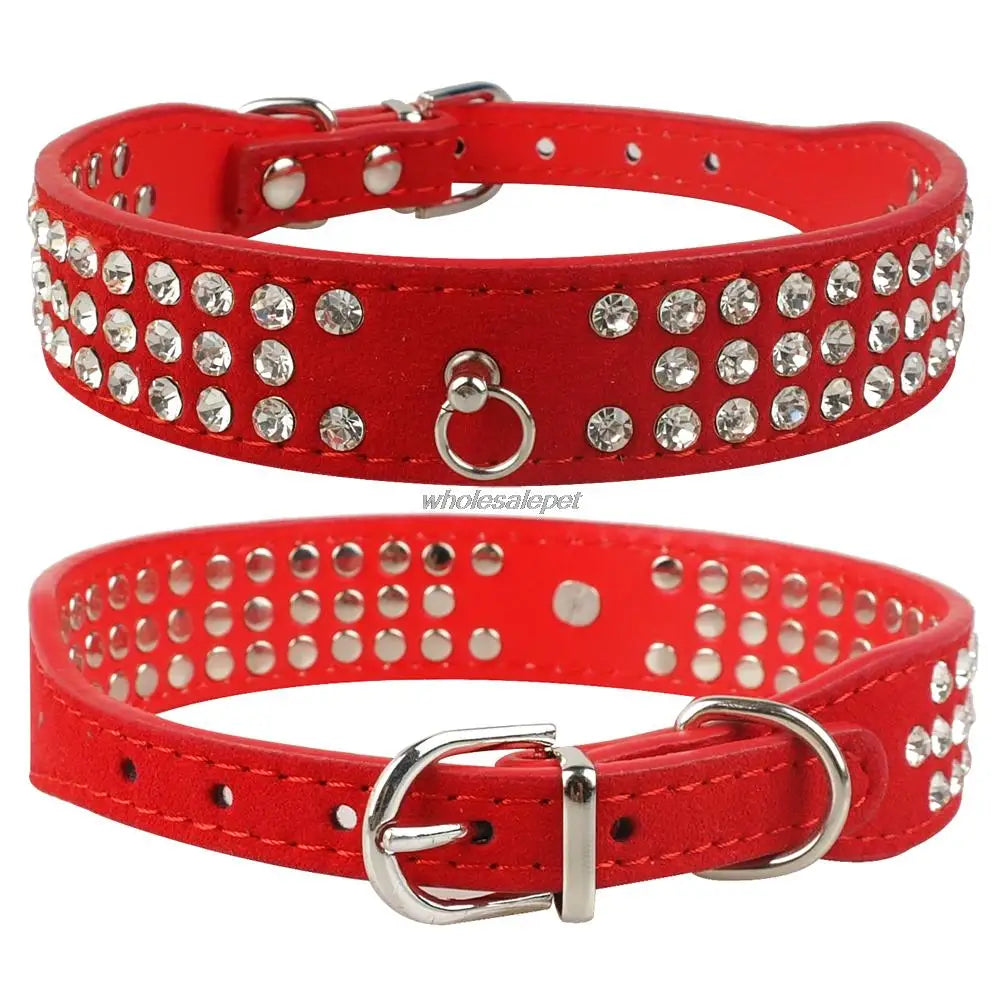 Rhinestone Dog Collar 3 Rows Suede Leather Diamante Cat Puppy Collars 5 Colors For Small Medium Dogs Chihuahua Yorkshire