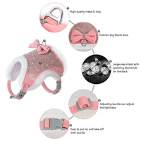 Rhinestone Dog Harness and Leash Set Soft Warm Pet Harness Vest Dogs Bowknot Harness Lead Adjustable For Chihuahua Dogs Cats