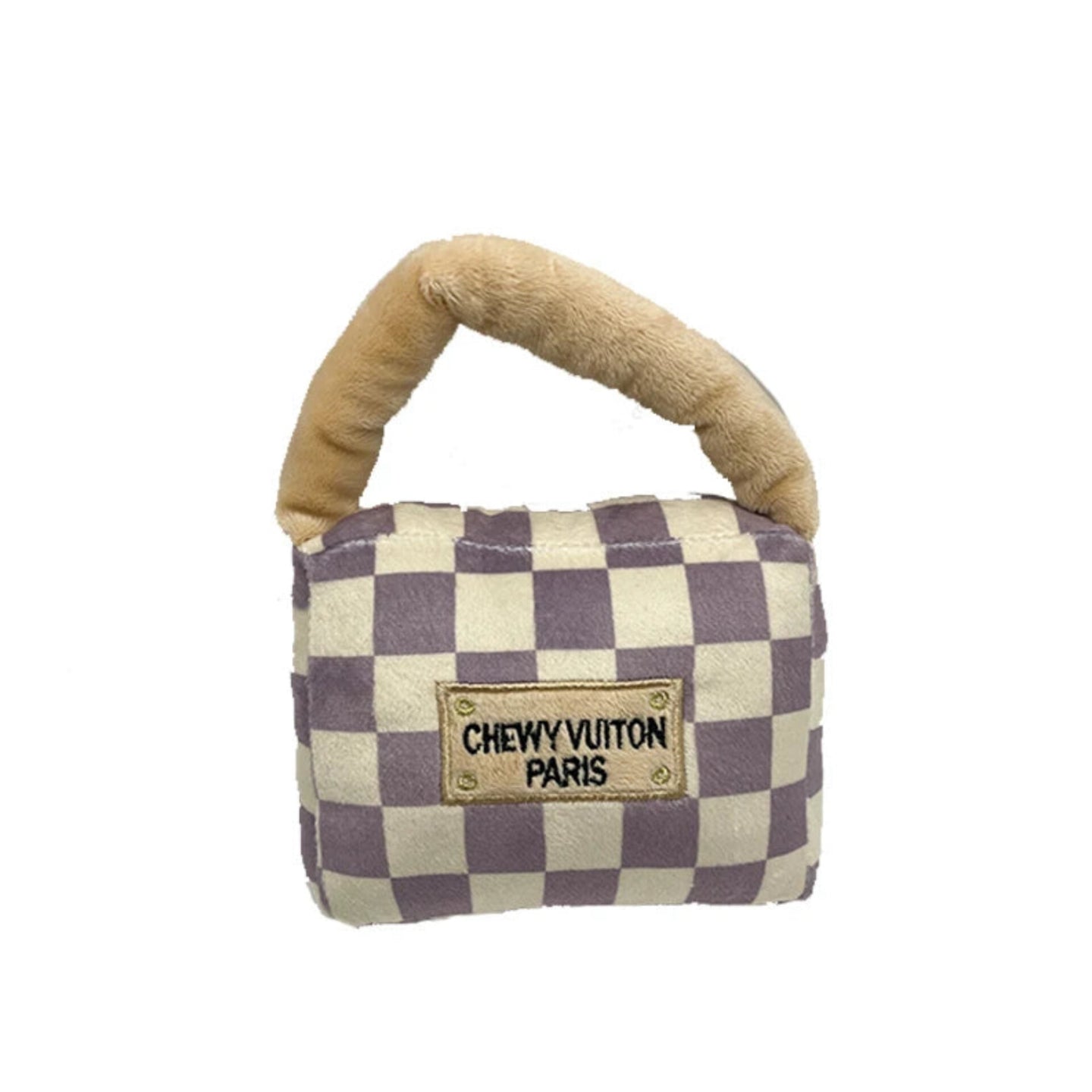 Chewy Vuiton Square Pattern Plush Handbag Dog Toy