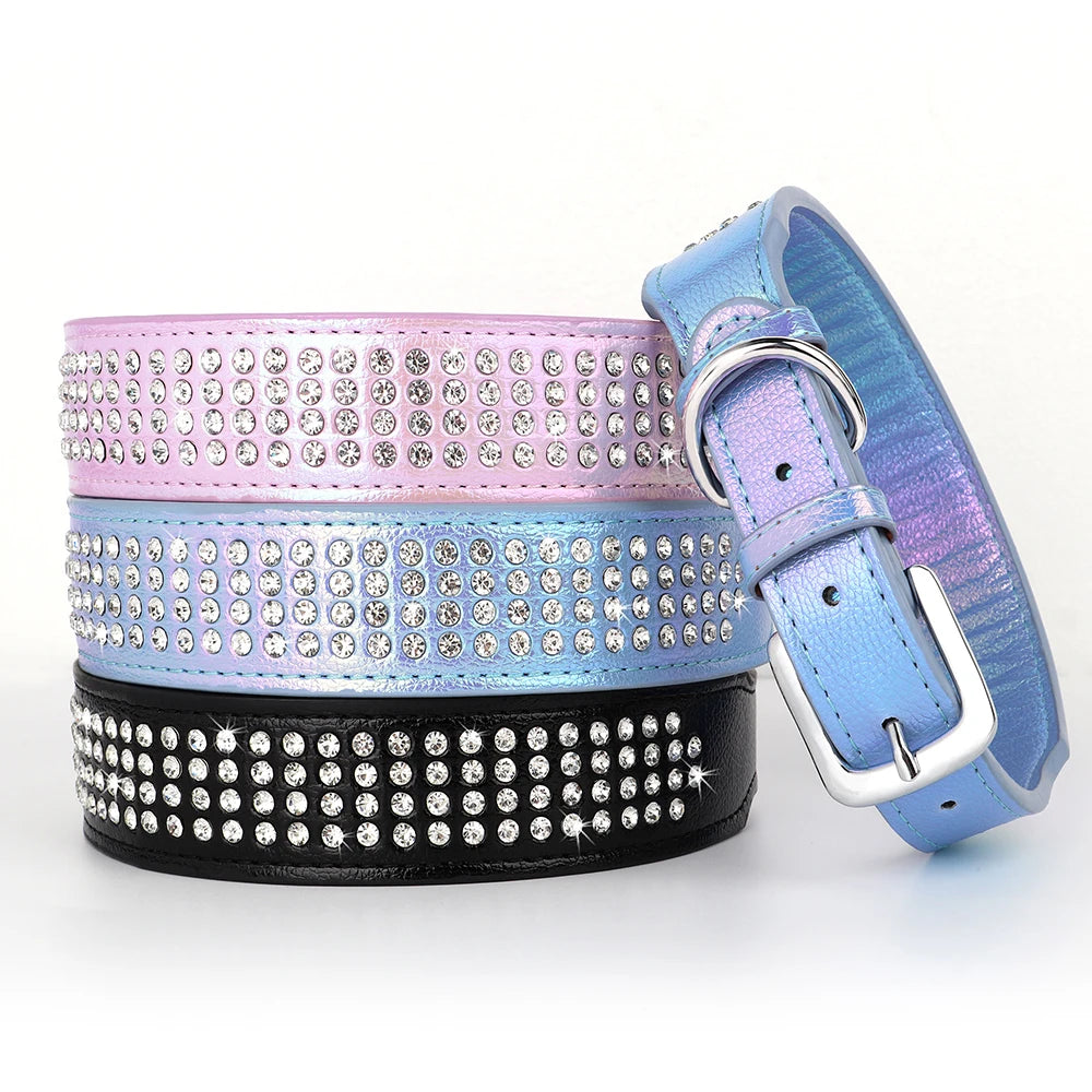 Bling Rhinestone Dog Collar Wide Leather Dogs Collars Glitter Diamond Pet Necklace Durable For Medium Large Dogs French Bulldog