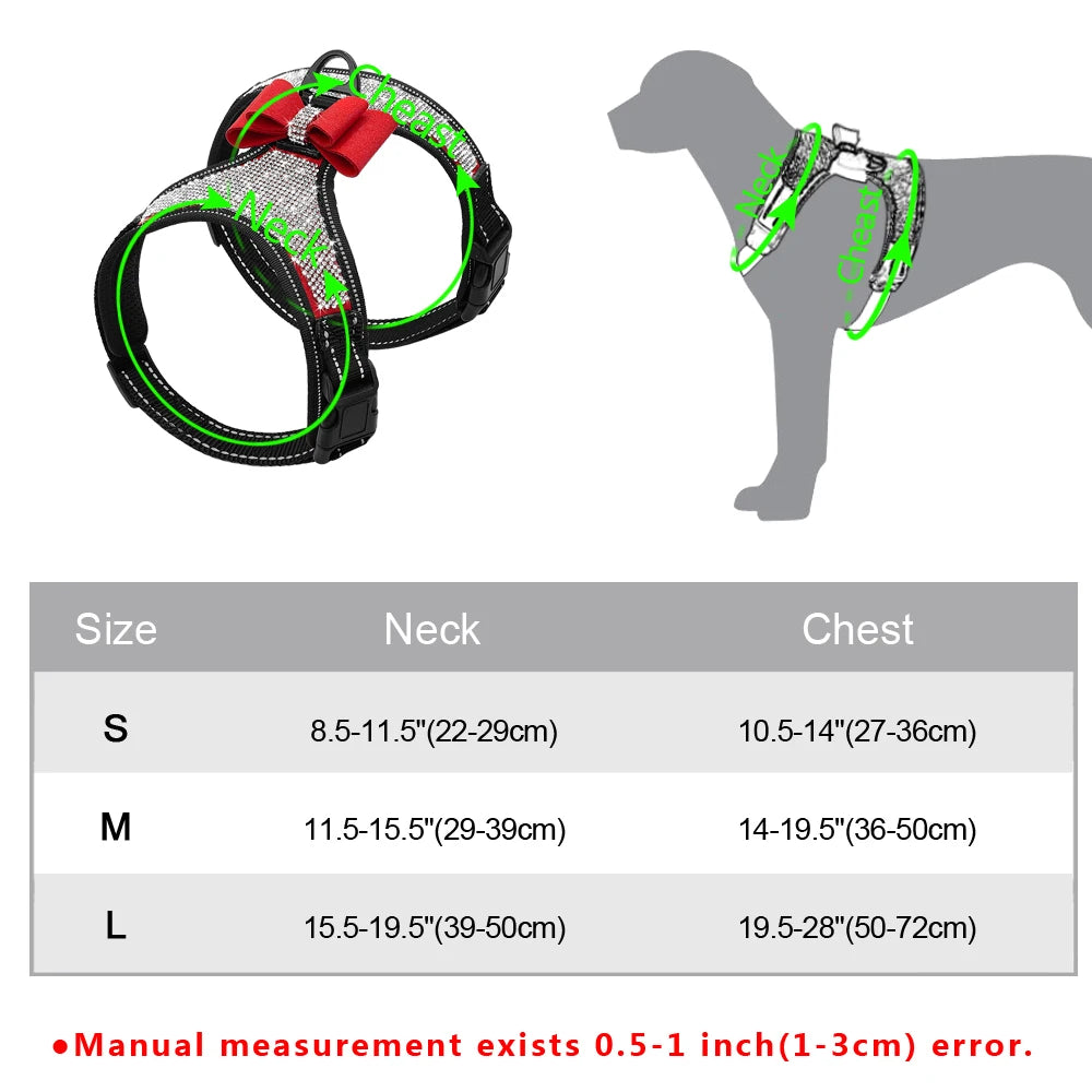 Bling Rhinestone Dog Harness Reflective Small Dog Harness With Cute Bowknot Mesh Nylon Puppy Cat Vest Adjustable For Dogs Pug