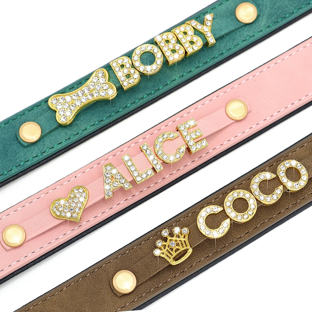 Custom Leather Dog Collar Personalized Dogs Name Collars Bling Rhinestone Pet Necklace DIY Name Free Bone Paw Heart Charm