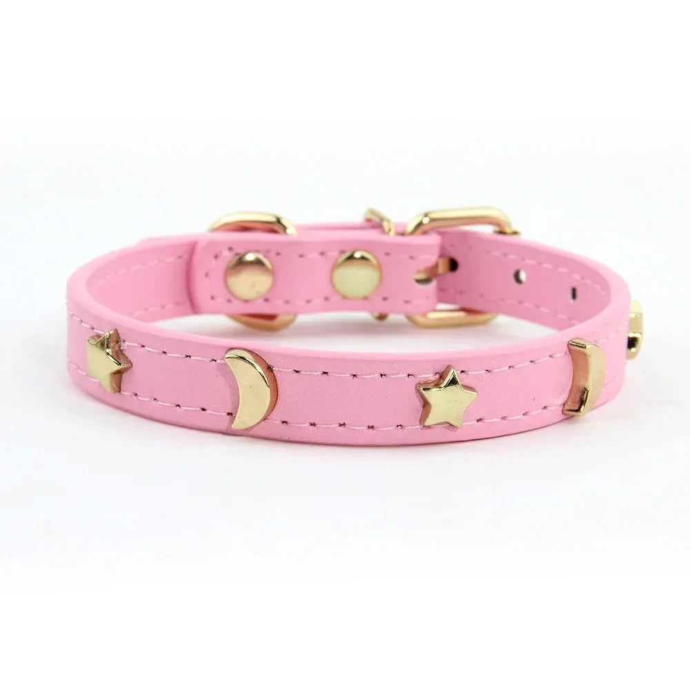 Cute Cat Collar Soft Leather Pet Collars For Small Dog Kitten Puppy Necklace Cat Accessories  Star Moon Rivets Decoration XS-M