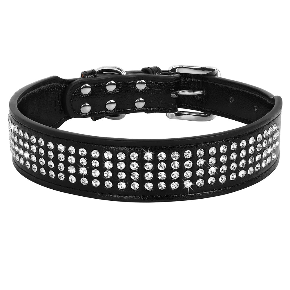 Bling Rhinestone Dog Collar Wide Leather Dogs Collars Glitter Diamond Pet Necklace Durable For Medium Large Dogs French Bulldog