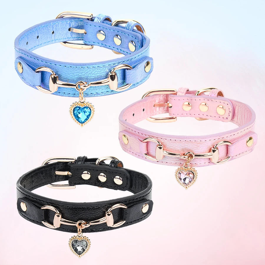 CP567--beautiful PU pet cat&dog collar decorated with sparkling love，adjustable and durable.