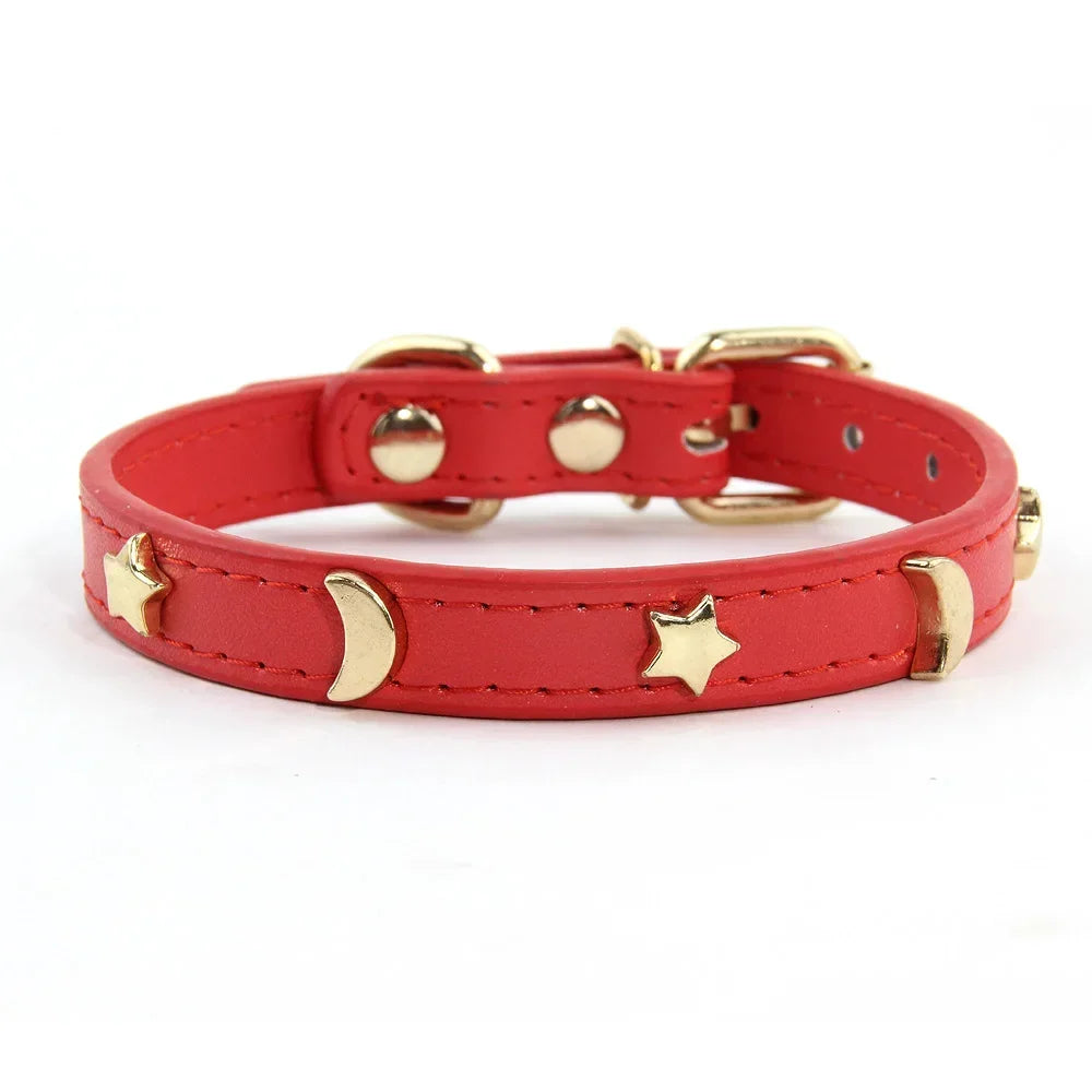 Cute Cat Collar Soft Leather Pet Collars For Small Dog Kitten Puppy Necklace Cat Accessories  Star Moon Rivets Decoration XS-M