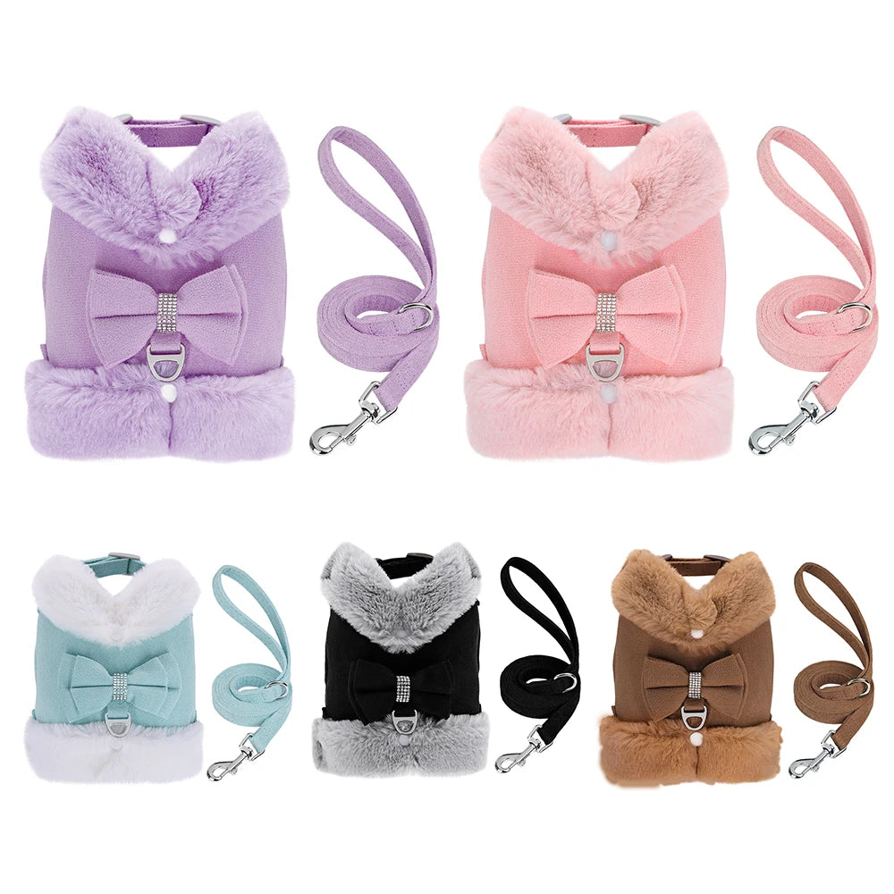 Warm Fur Dog Harness and Leash Set Rhinestone Bowknot Pet Vest Winter Pets Puppy Clothes Vest Small Dog Clothing French Bulldog