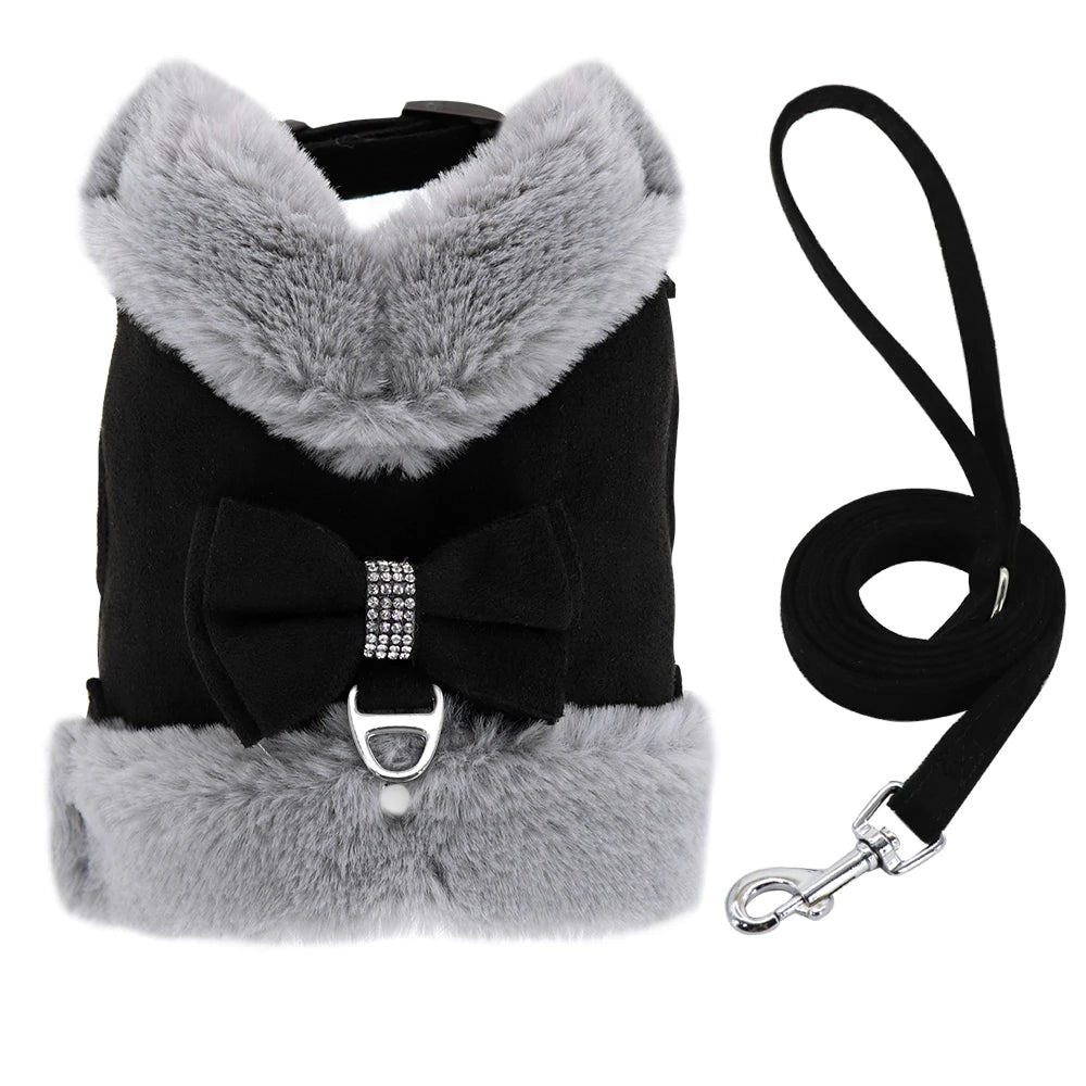 Warm Fur Dog Harness and Leash Set Rhinestone Bowknot Pet Vest Winter Pets Puppy Clothes Vest Small Dog Clothing French Bulldog