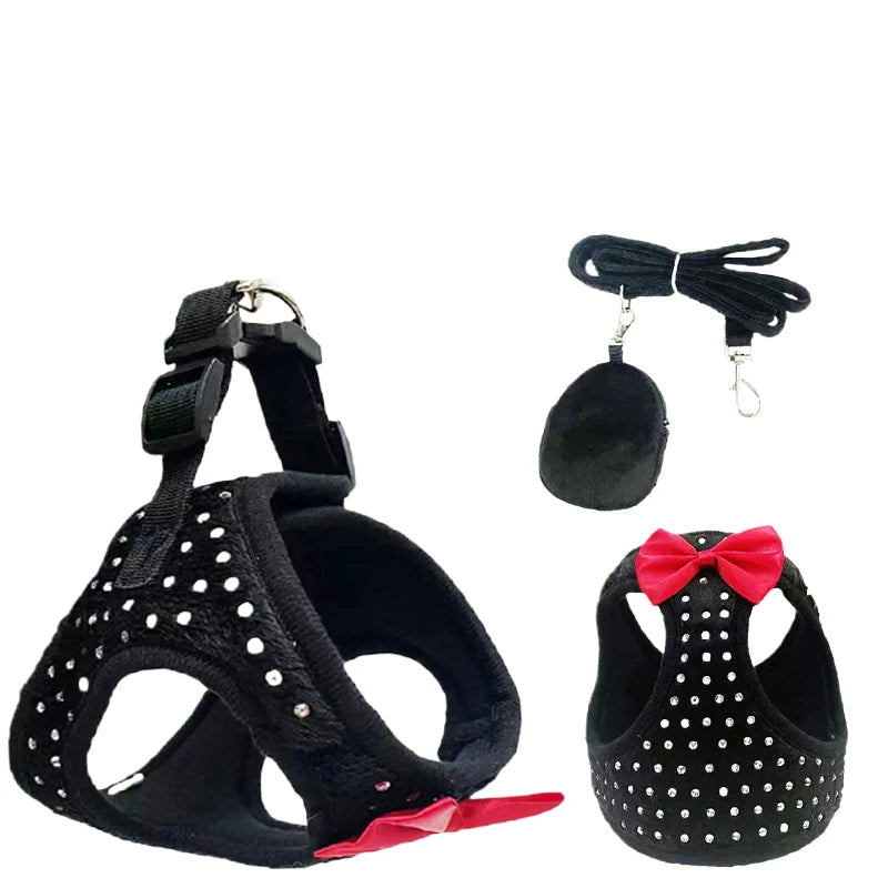 Dog Harness Leash Set Dog Chest Harness Vest WIth Bowtie Small Diamond Decoration Soft Harness Vest For Small Medium Dogs