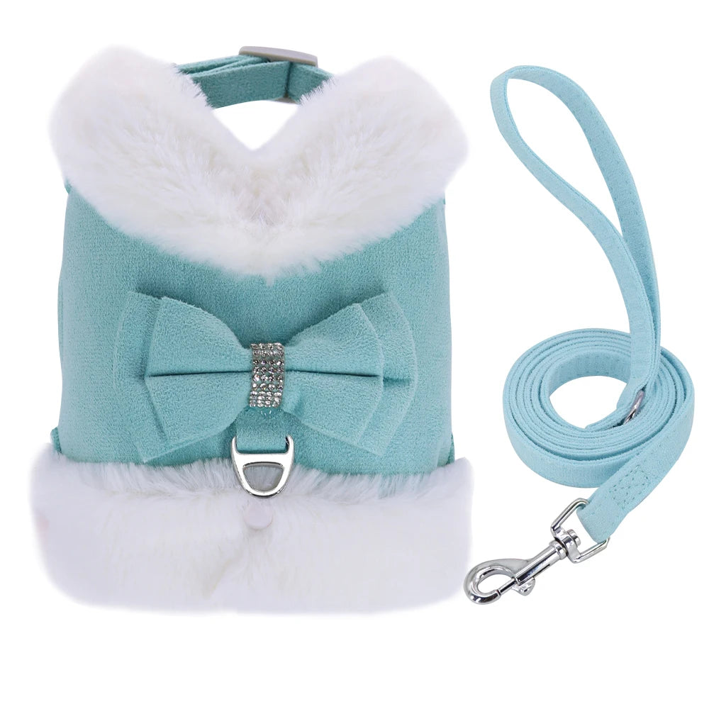 Warm Fur Dog Harness and Leash Set Rhinestone Bowknot Pet Vest Winter Pets Puppy Clothes Vest Small Dog Clothing French Bulldog