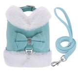 Warm Fur Dog Harness and Leash Set Rhinestone Bowknot Pet Vest Winter Pets Puppy Clothes Vest Small Dog Clothing French Bulldog