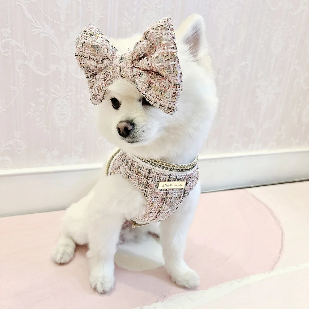 Princess Dog Clothes Tweed Harness With Leash Puppy Classic Clothes  Chest Strap Vest With Bowknot For Small Dog