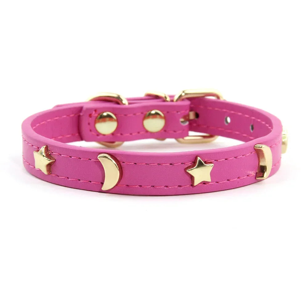 Cute Cat Collar Soft Leather Pet Collars For Small Dog Kitten Puppy Necklace Cat Accessories  Star Moon Rivets Decoration XS-M