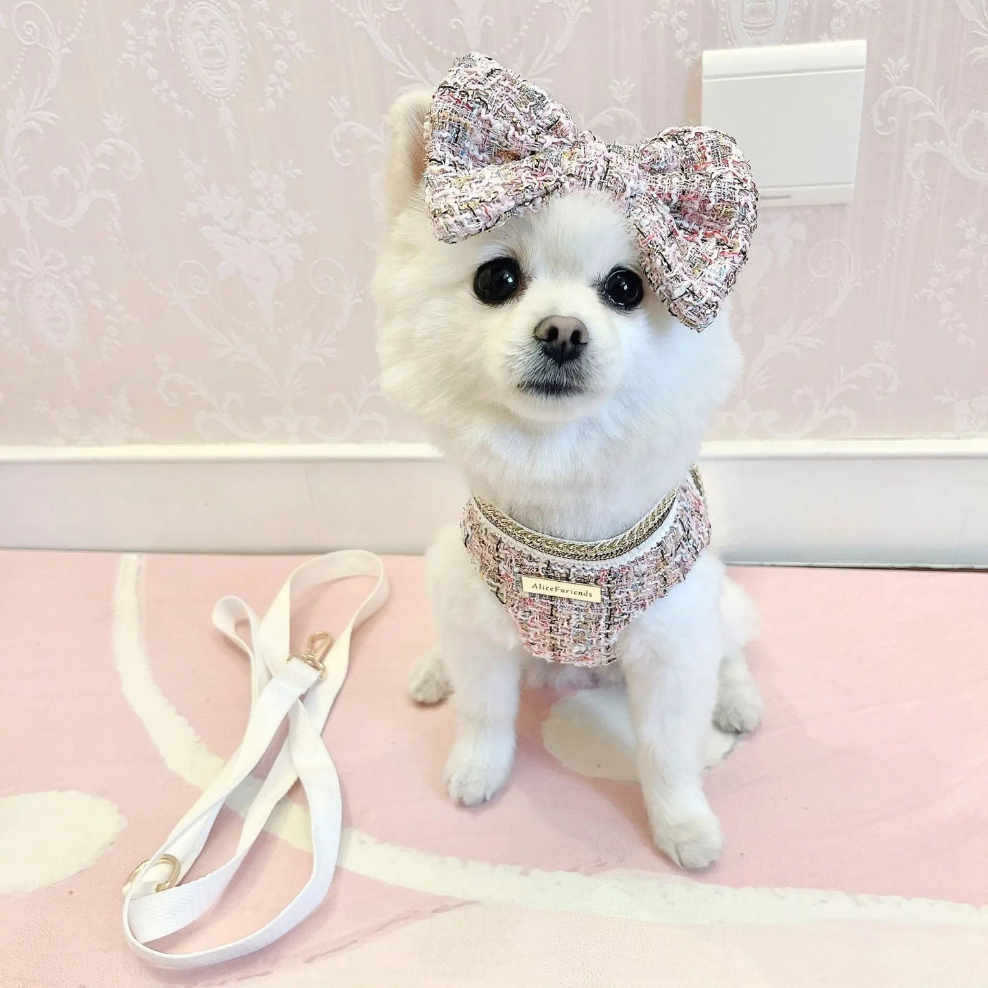 Princess Dog Clothes Tweed Harness With Leash Puppy Classic Clothes  Chest Strap Vest With Bowknot For Small Dog