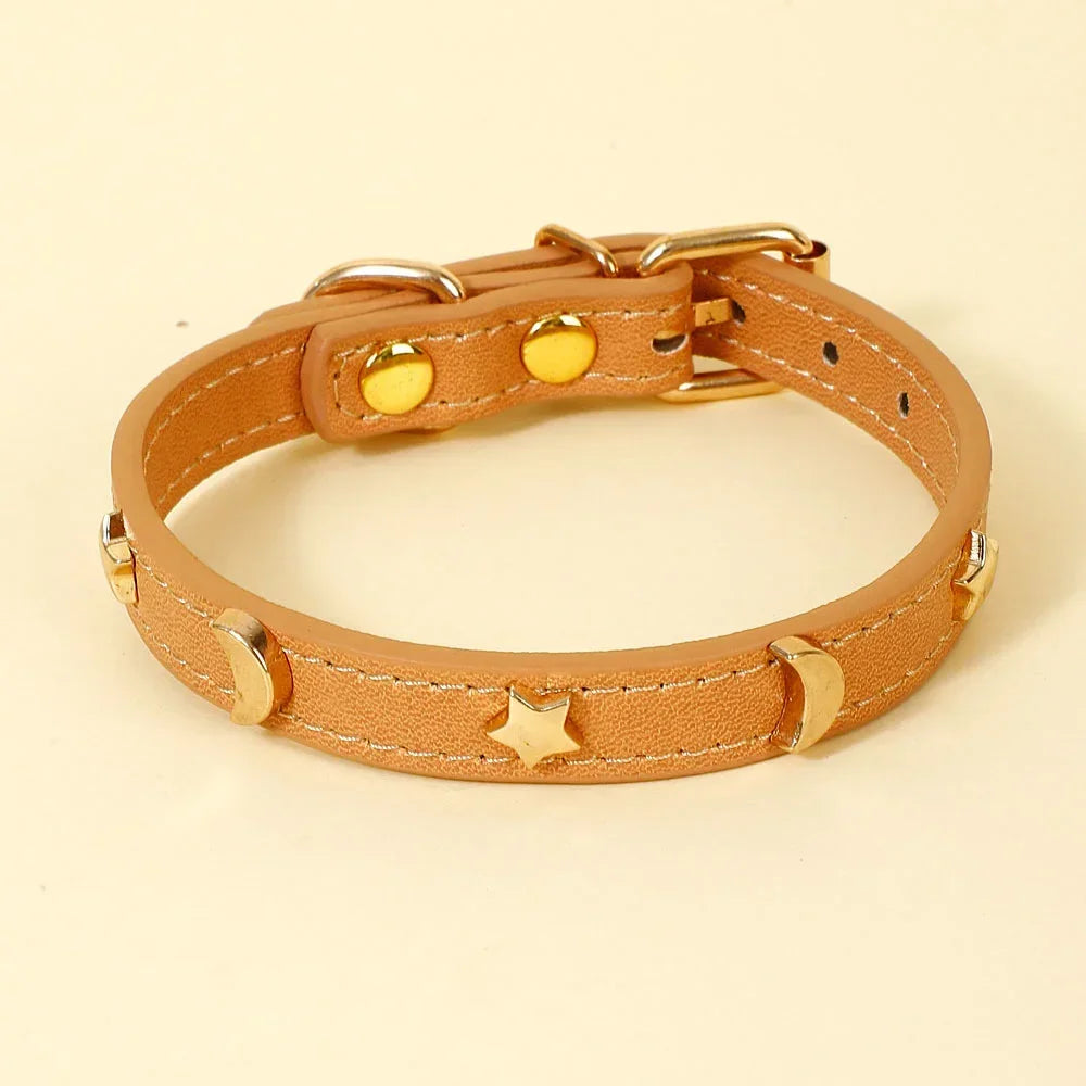 Cute Cat Collar Soft Leather Pet Collars For Small Dog Kitten Puppy Necklace Cat Accessories  Star Moon Rivets Decoration XS-M