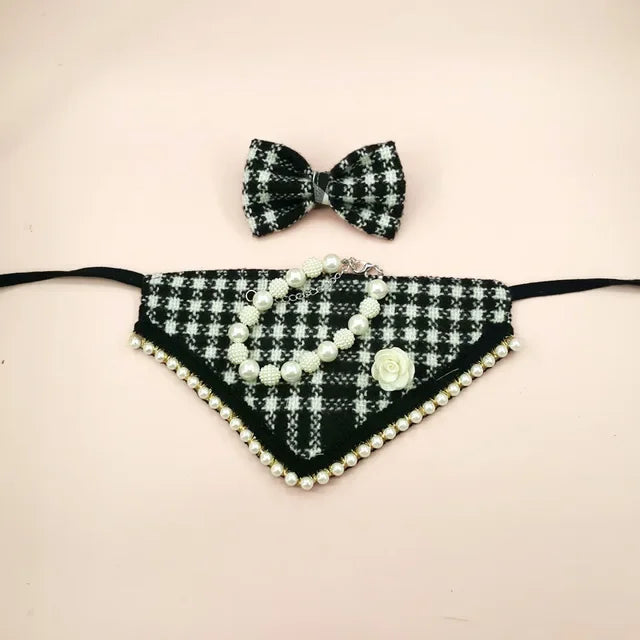 Tweed Bandana , Bow & Necklace Set