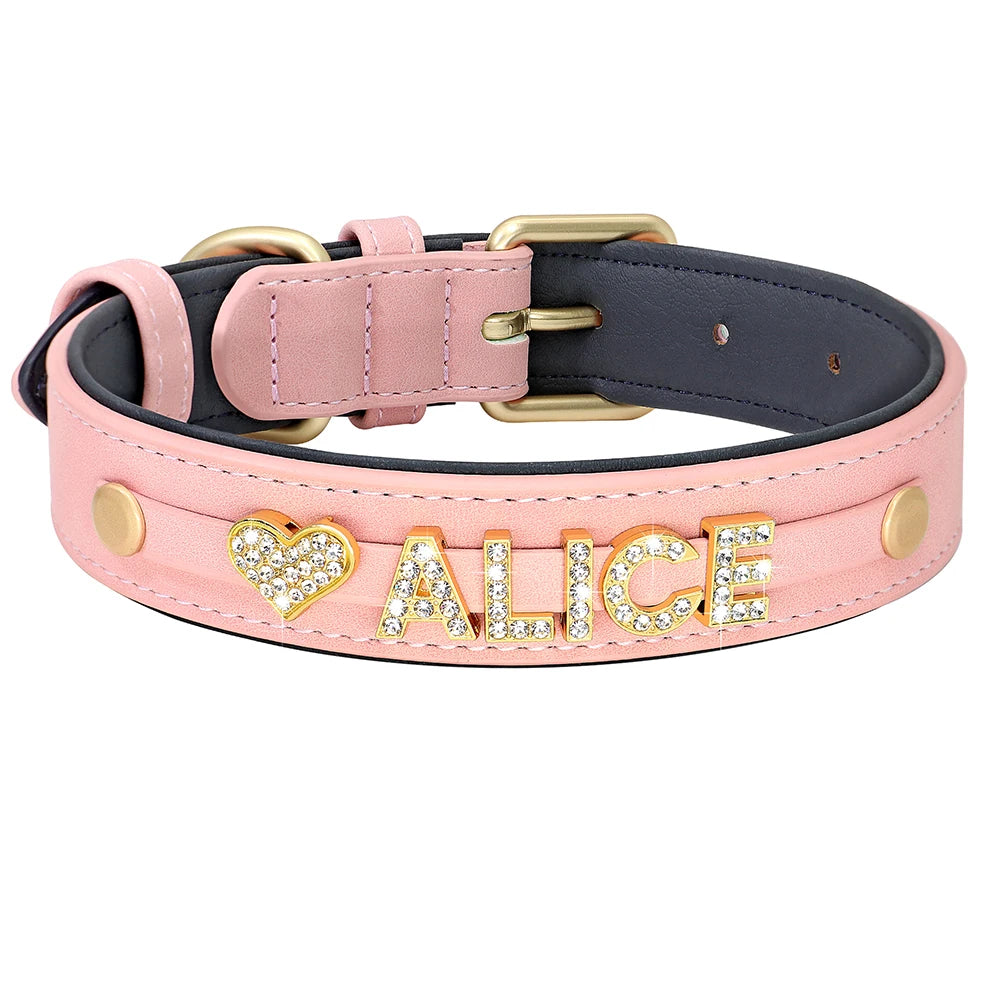 Custom Leather Dog Collar Personalized Dogs Name Collars Bling Rhinestone Pet Necklace DIY Name Free Bone Paw Heart Charm