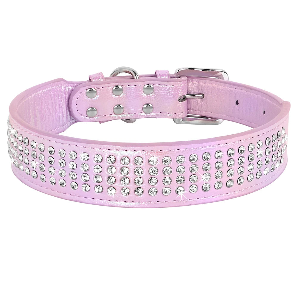 Bling Rhinestone Dog Collar Wide Leather Dogs Collars Glitter Diamond Pet Necklace Durable For Medium Large Dogs French Bulldog