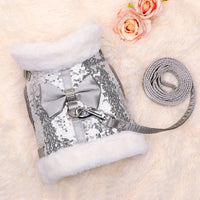 Winter Warm Dog Harness Leash Set Soft Fur Bling Sequines Dogs Harness Vest With Bowknot For Smalll Medium Dogs Cats Chihuahua