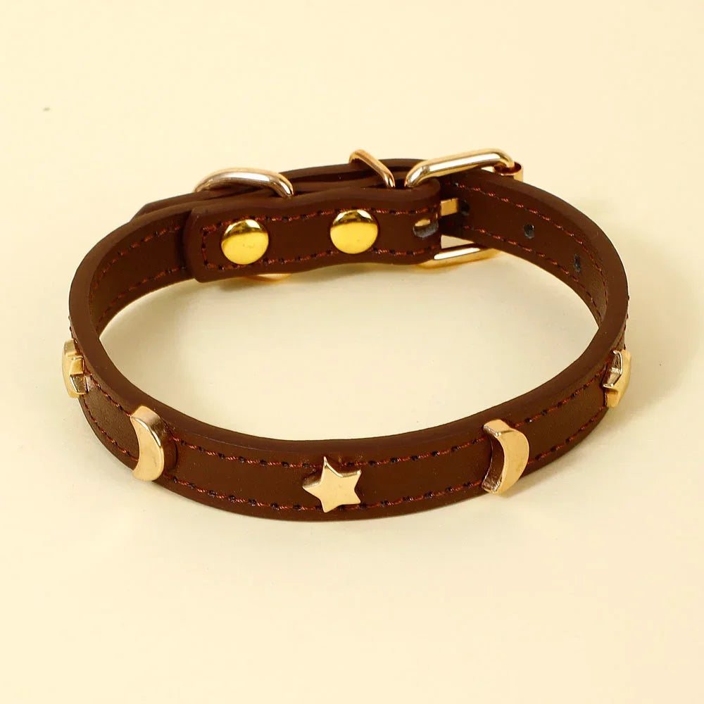 Cute Cat Collar Soft Leather Pet Collars For Small Dog Kitten Puppy Necklace Cat Accessories  Star Moon Rivets Decoration XS-M