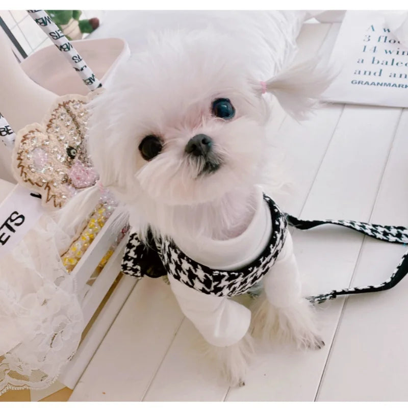 Pet dog, cat clothing, small fragrant wind, thousand bird grid traction suit, teddy bear, tank top style dog leash for walking