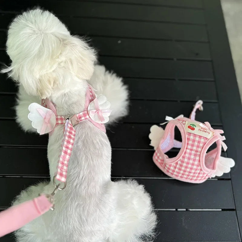 Breathable Strawberry Pattern Cat Dog Harness Collar Escape Pet Wing Harness Leash Set Kitten Puppy Chihuahua Cute Chest Vest