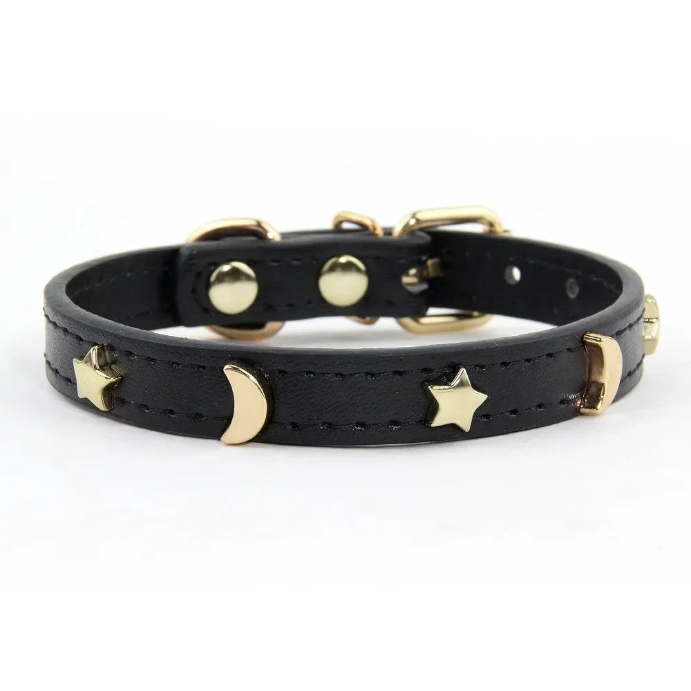 Cute Cat Collar Soft Leather Pet Collars For Small Dog Kitten Puppy Necklace Cat Accessories  Star Moon Rivets Decoration XS-M