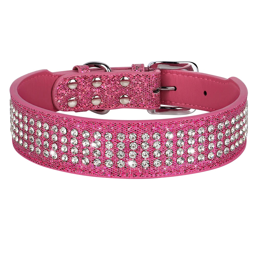 Bling Rhinestone Dog Collar Wide Leather Dogs Collars Glitter Diamond Pet Necklace Durable For Medium Large Dogs French Bulldog