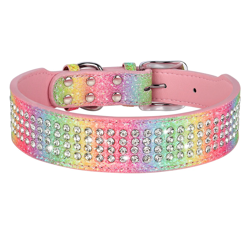 Bling Rhinestone Dog Collar Wide Leather Dogs Collars Glitter Diamond Pet Necklace Durable For Medium Large Dogs French Bulldog